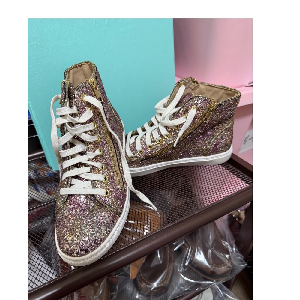 Steve Madden Earnst-G Pink Gold Glitter High Top Sneakers Womens 7.5 Zipper